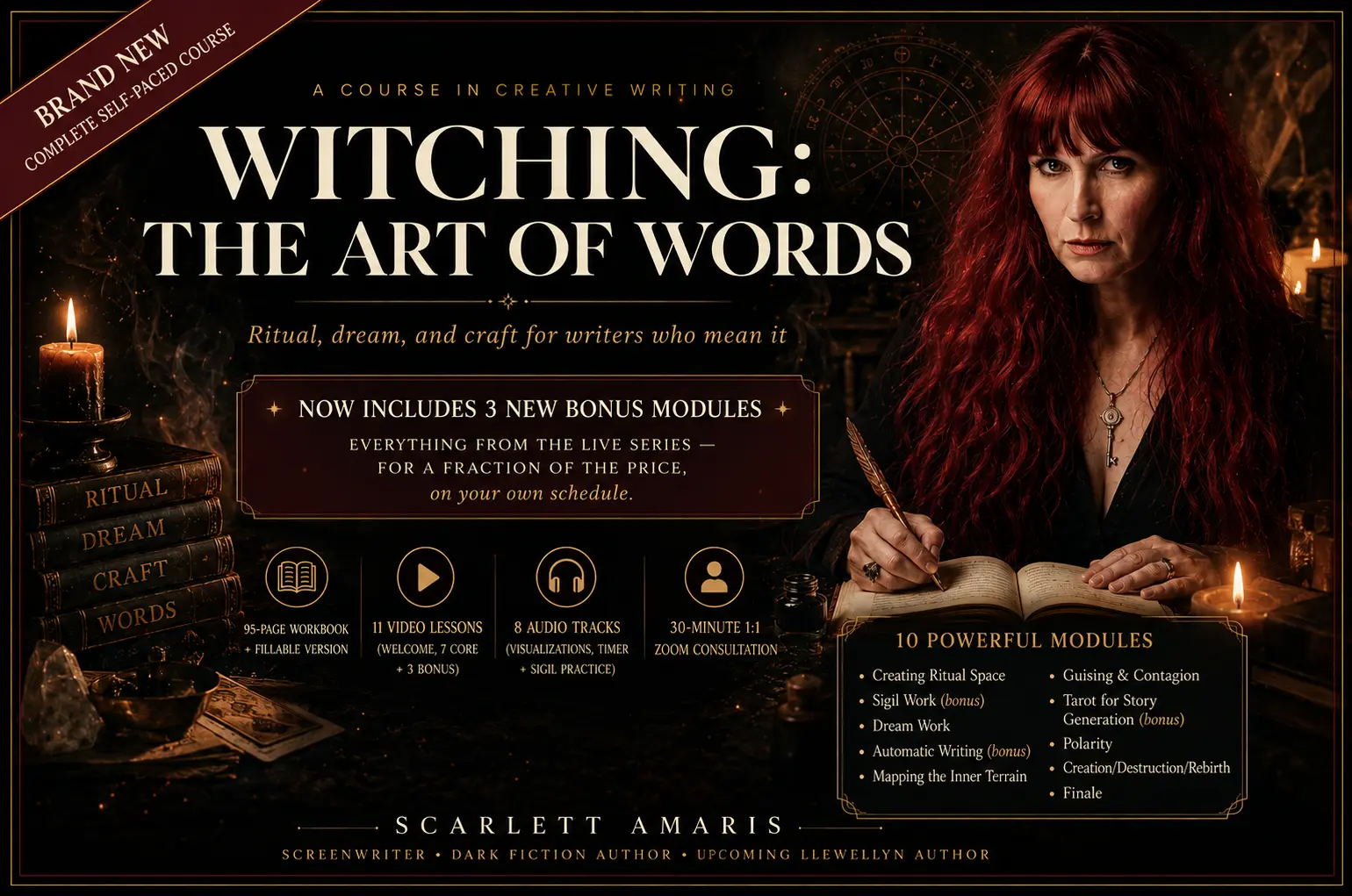 Promotional artwork for Witching: The Art of Words, showing Scarlett writing by candlelight in a dark, book-lined studio